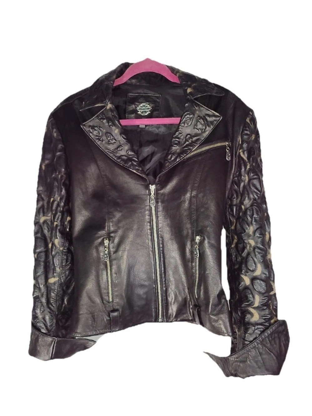 Laotian Women's Quilted Sleeve Black Leather Motorcycle Jacket